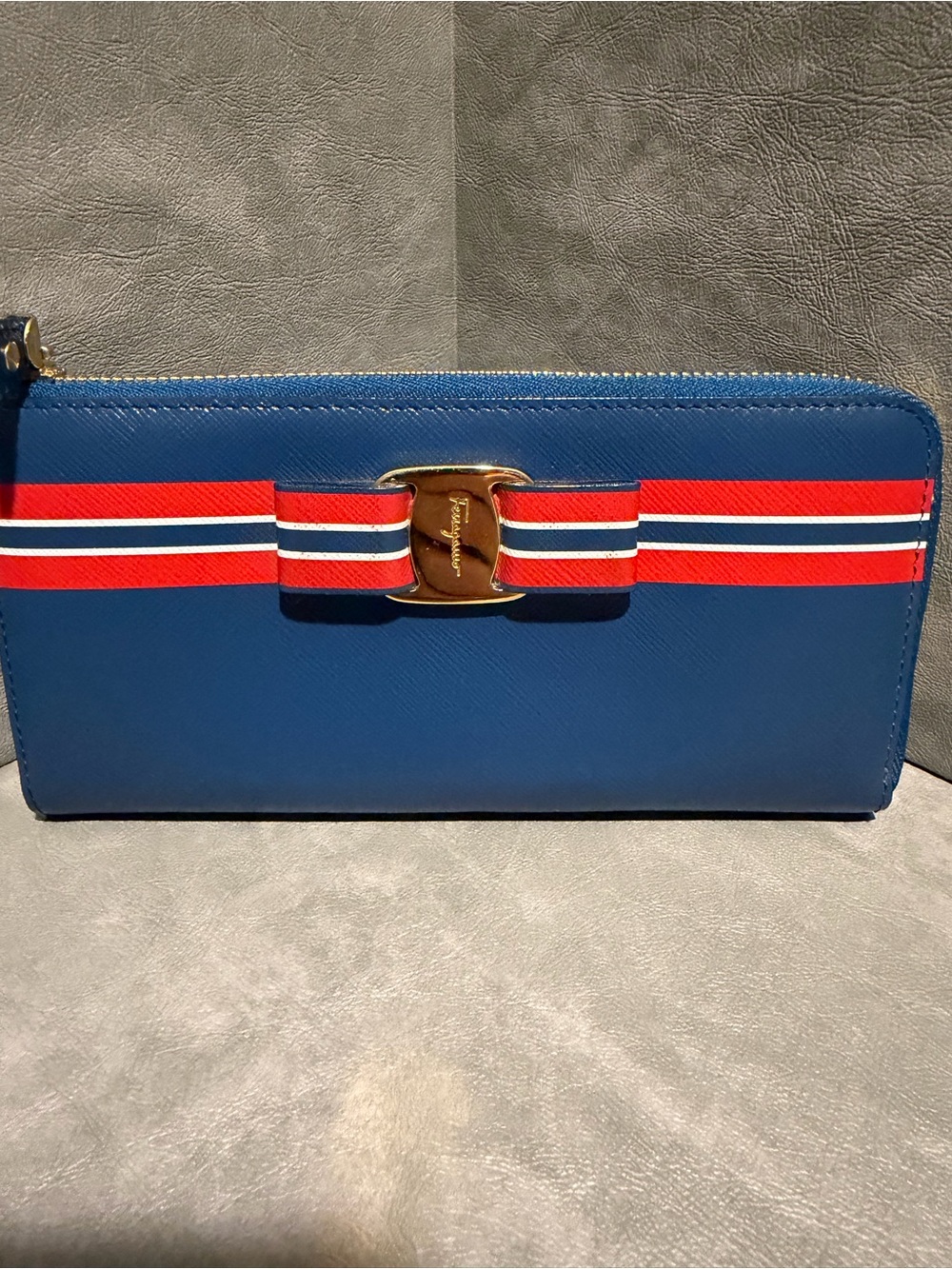 Salvatore Ferragamo Navy Zip Wallet with Red and White Ribbon Bow and CoA